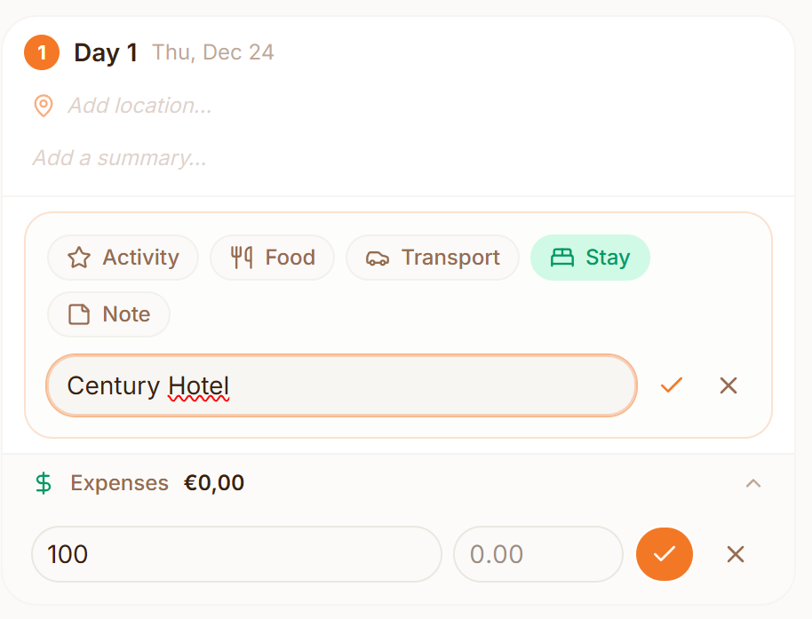 Adding a plan item and tracking expenses in Travel Planner